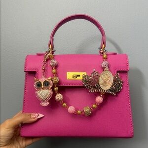 Chic Fuchsia Satchel with Owl and Crown Charms